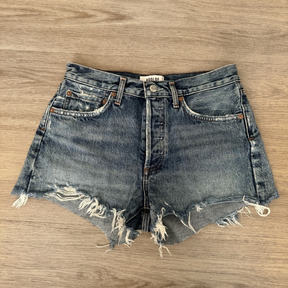 agolde medium blue high waisted rise distressed ripped denim jeans shorts bottom